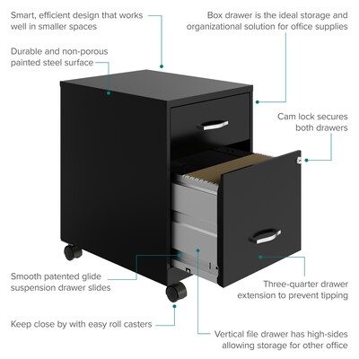 Space Solutions 18" 2-Drawer Mobile Vertical File Cabinet with Accessory Drawer, Letter Width, Black (25707)