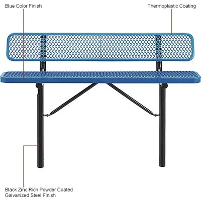 Global Industrial 6' Outdoor Steel Bench w/ Backrest, Expanded Metal, In Ground Mount, Blue (277154IBL)