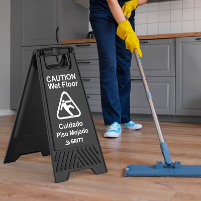 Gritt Commercial Safety "Caution Wet Floor" A-Frame/Sandwich Board Sign, 24"H, Black, 3/Pack (GRI184-BLK-3PK)