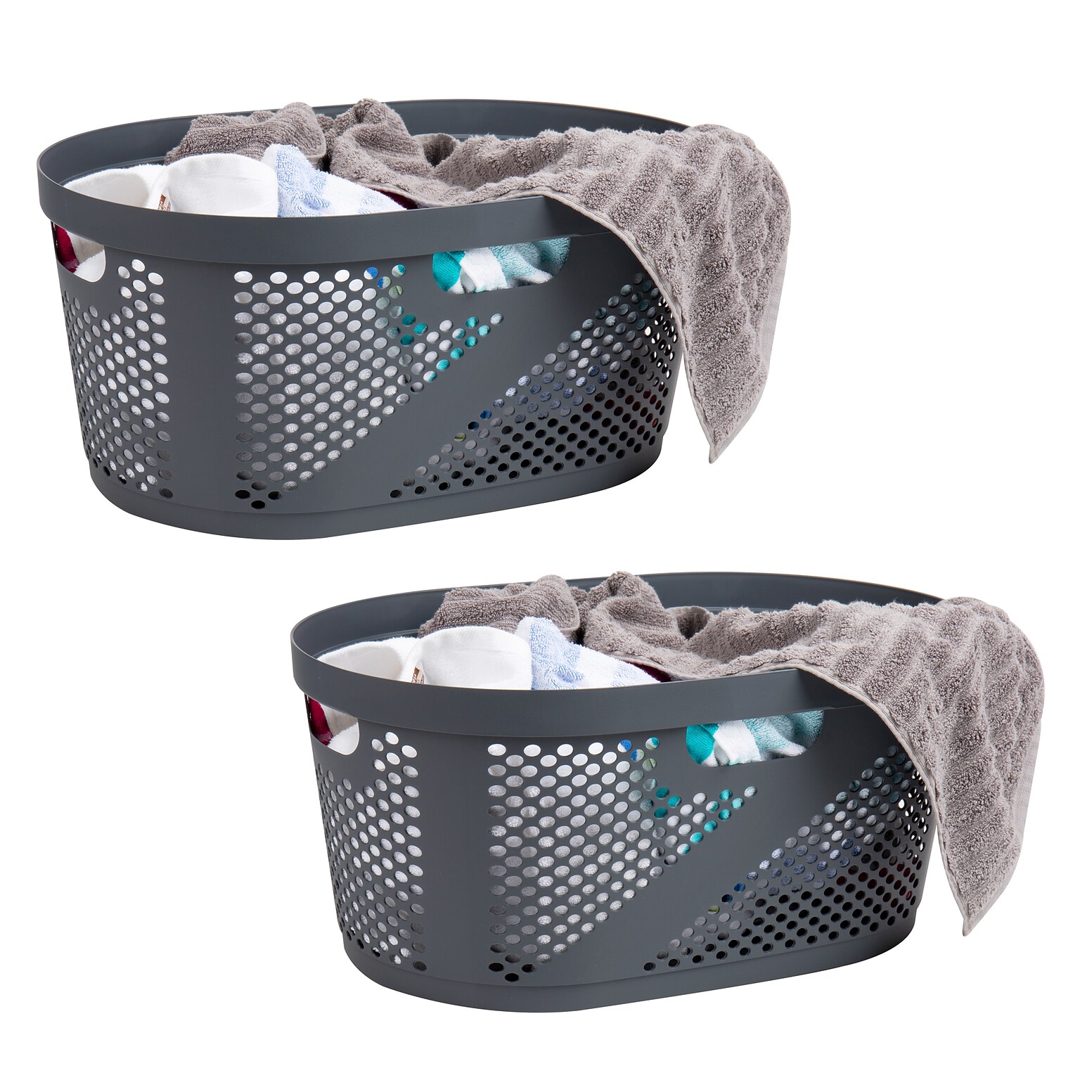 Mind Reader 10.57-Gallon Laundry Basket with Handles, Plastic, Gray, 2/Set (2HHAMP40-GRY)