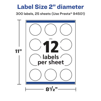 Avery Laser/Inkjet Round Multipurpose Labels, 2" Dia., White, 300 Labels/Pack (94501)