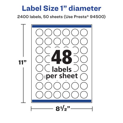 Avery Laser/Inkjet Round Multipurpose Labels, 1" Dia., 2400 Labels/Box (94500)