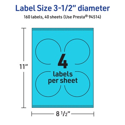 Avery Laser/Inkjet Multipurpose Circle Labels, 3.5" Dia., Bright Blue, 160/Pack (94514)