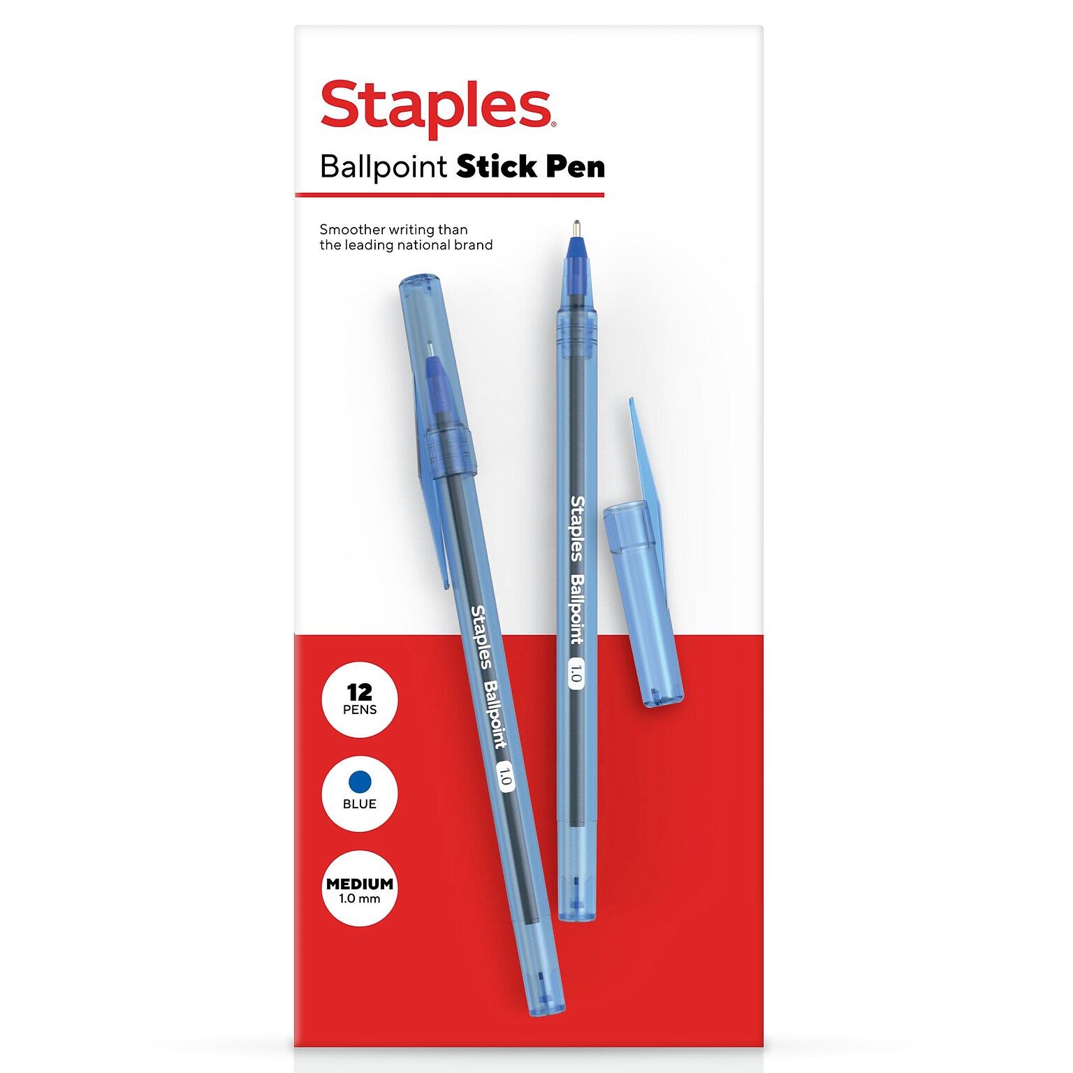 Staples Ballpoint Pen, Medium Point, 1.0mm, Blue Ink, Dozen (ST52860)