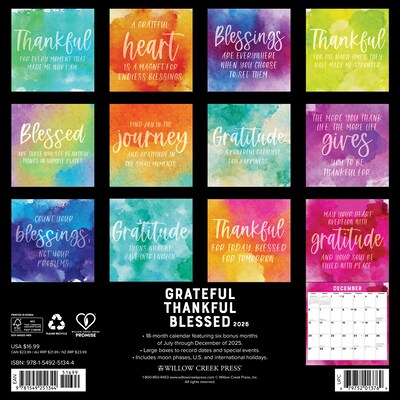 2026 Willow Creek Grateful, Thankful, Blessed 12 x 12 Monthly Wall Calendar (51344X)
