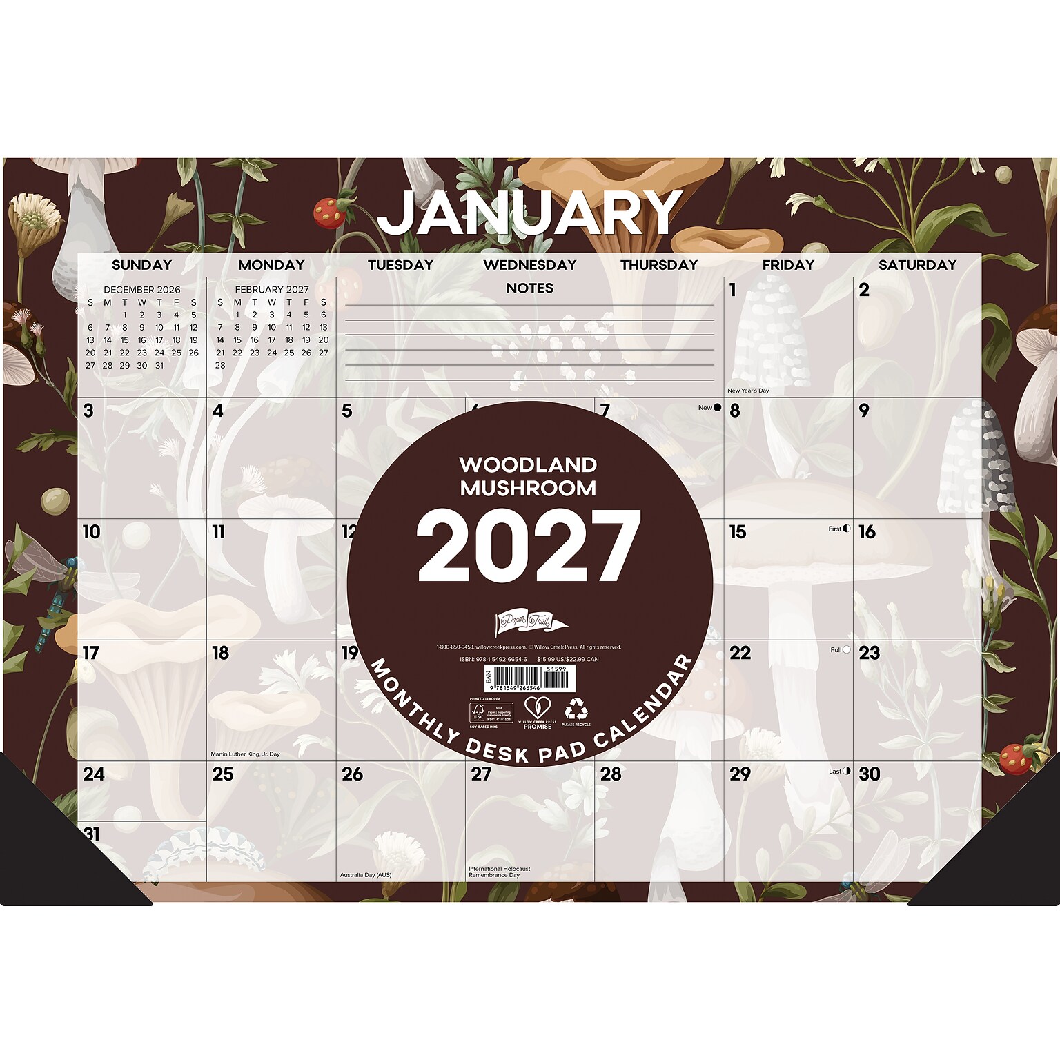 2027 Willow Creek Woodland Mushroom 17 x 12 Monthly Desk Pad Calendar, Assorted Colors (66546)
