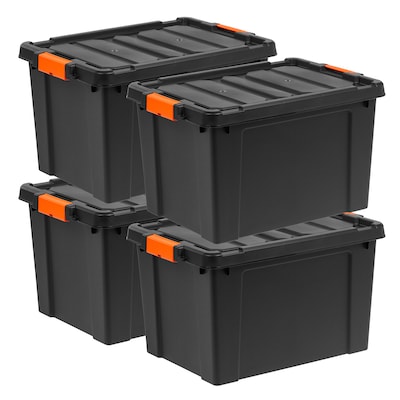 Iris Heavy Duty 78 Qt. Stackable Storage Bin with Latching Lid, Plastic, Black/Orange, 4/Pack (500154)
