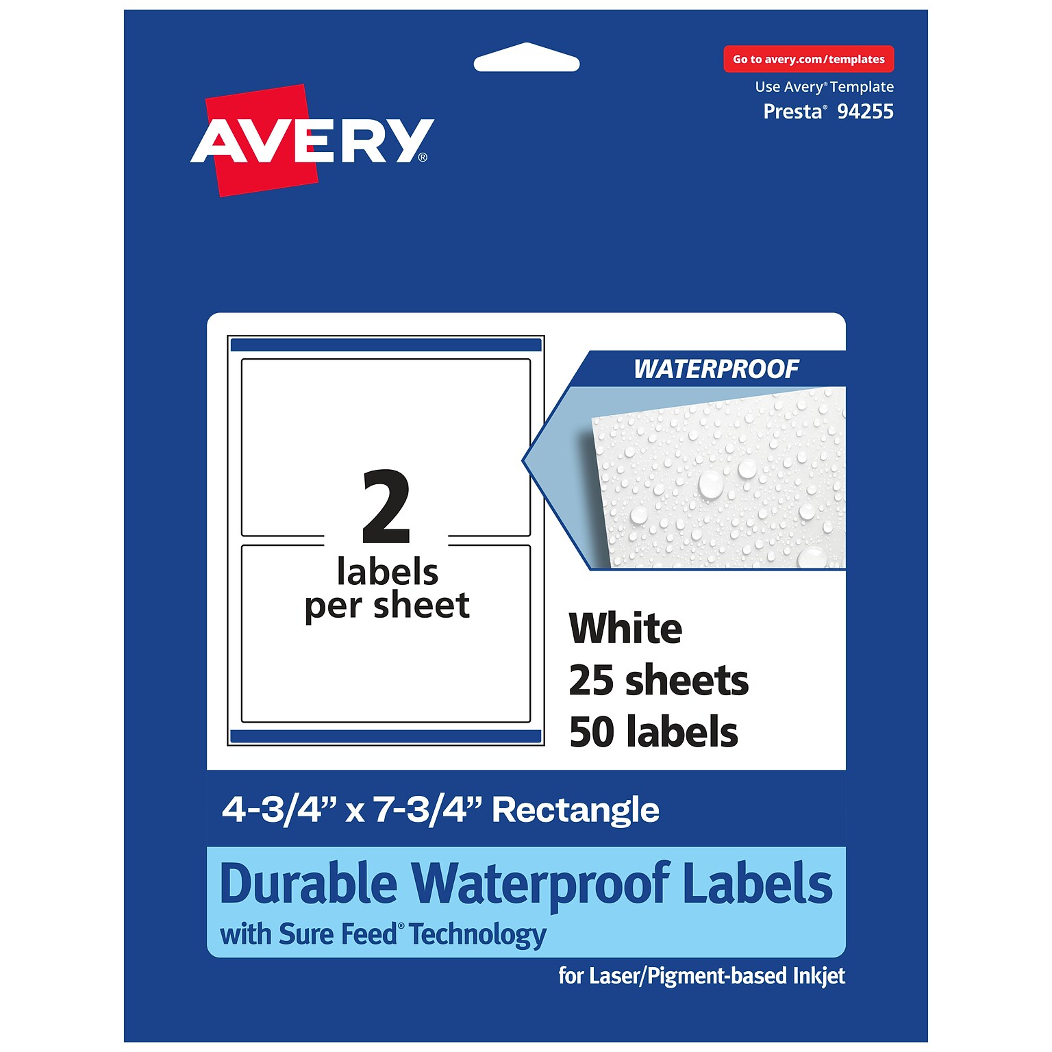 Avery Laser/Inkjet Rectangle Waterproof Multipurpose Labels, 7.75  x 4.75, White, 50/Pack (94255)