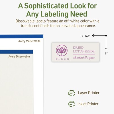 Avery Dissolvable Rectangle Multipurpose Labels, 1" x 2.5", Off-white, 120/Pack (94221)