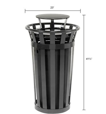 Global Industrial Outdoor Slatted Steel Trash Can w/ Rain Bonnet Lid, 24 Gallon, Black (260803BK)