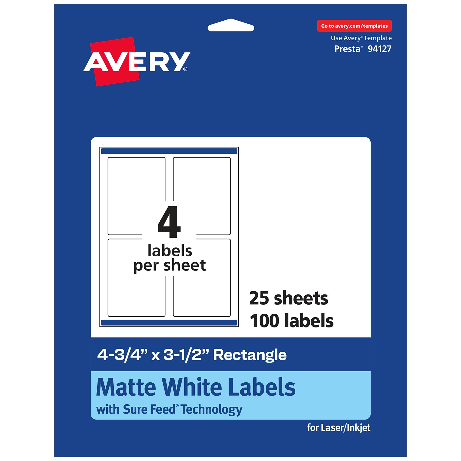 Avery Laser/Inkjet Multipurpose Labels, White, 4 Labels/Sheet, 25 Sheets/Pack (94127-WMP25)