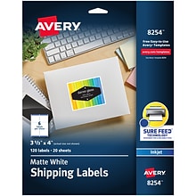 Avery Sure Feed Inkjet Shipping Labels, 3-1/3 x 4, White, 6 Labels/Sheet, 20 Sheets/Pack, 120 Labe