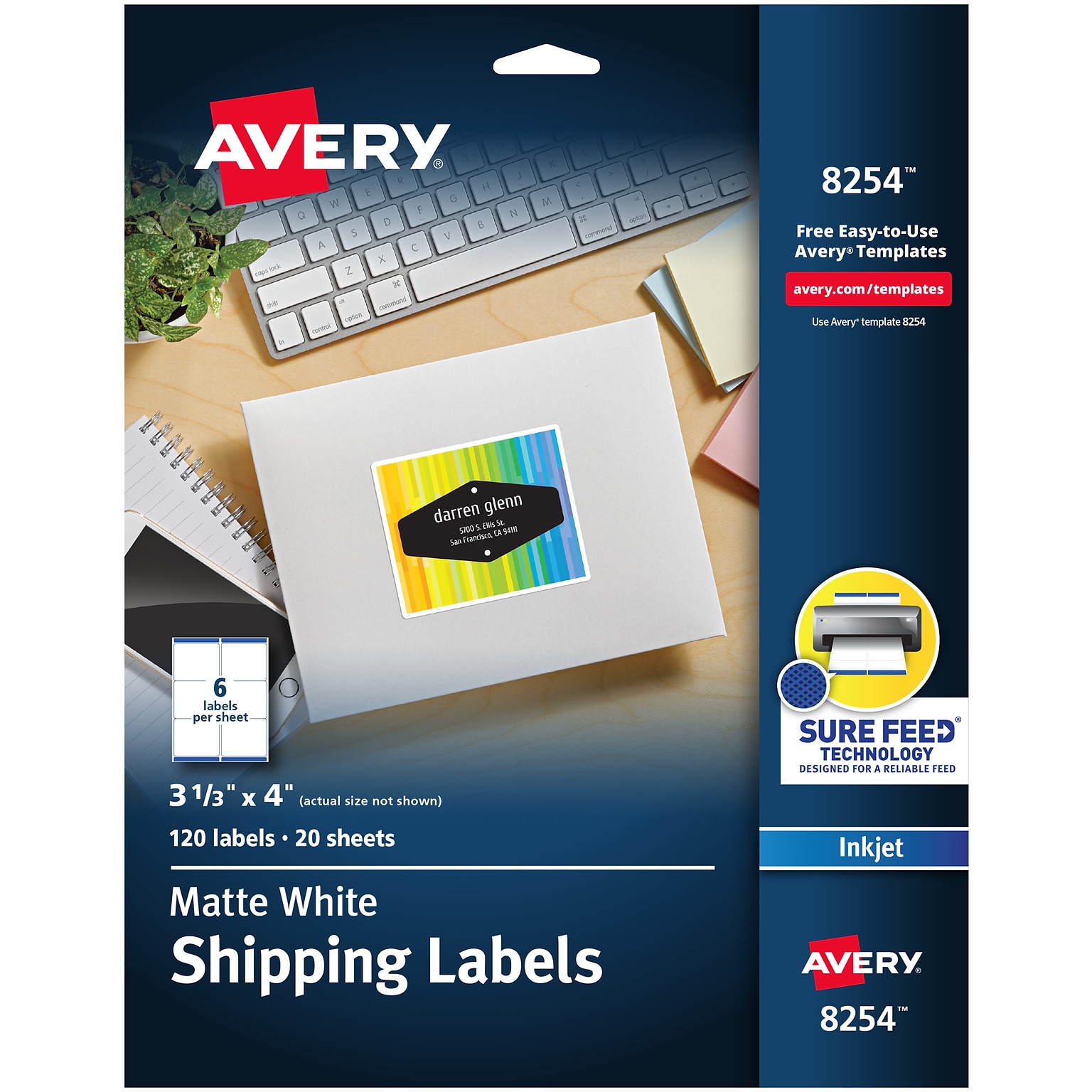 Avery Sure Feed Inkjet Shipping Labels, 3-1/3 x 4, White, 6 Labels/Sheet, 20 Sheets/Pack, 120 Labels/Pack (8254)