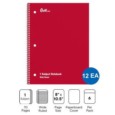 Quill Brand® 1-Subject Notebooks, 8 x 10.5, Wide Ruled, 70 Sheets, Assorted Colors, 12/Carton (TR1