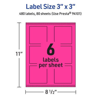Avery Laser/Inkjet Square Multipurpose Labels, 3" x 3", Neon Magenta, 480/Box (94101)