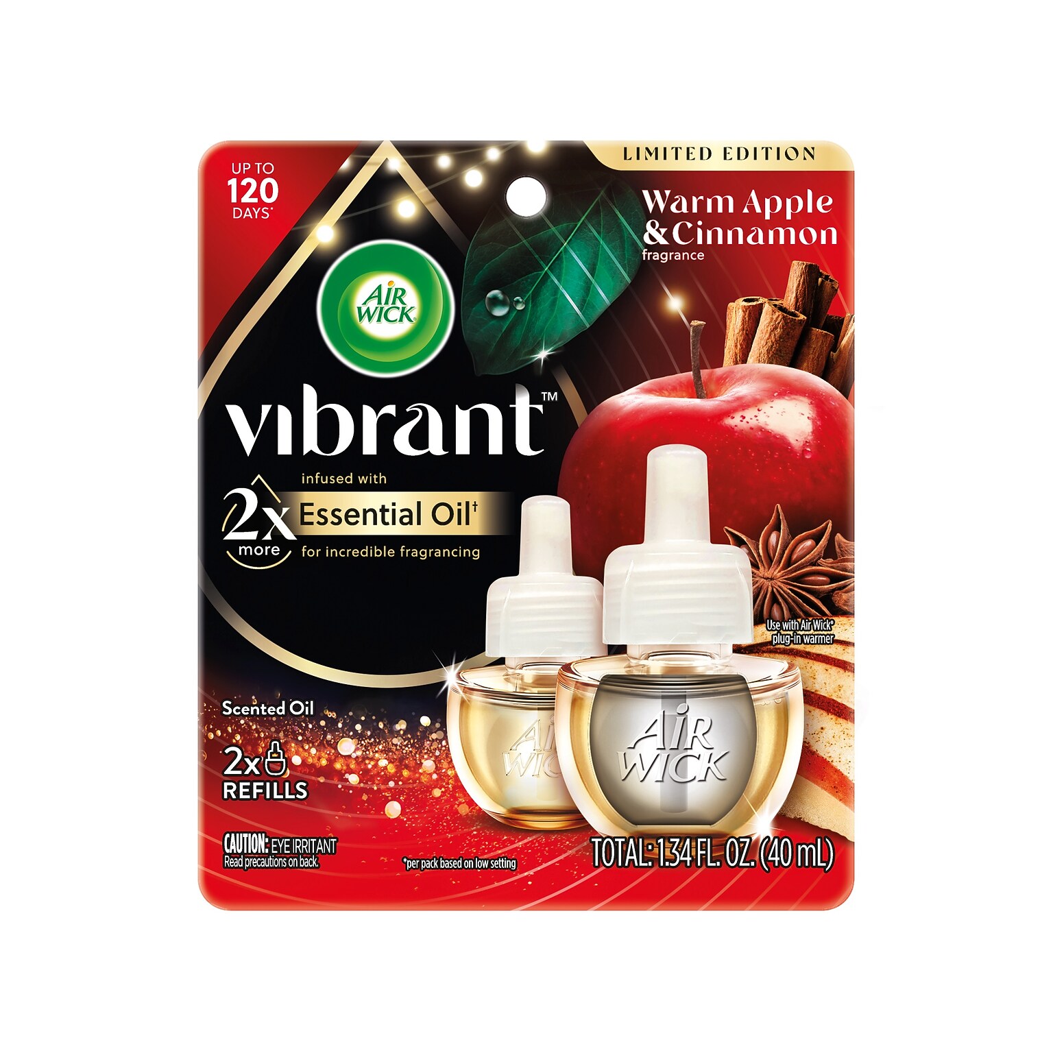 Air Wick Vibrant Scented Oil Warmer Refill, Warm Apple & Cinnamon, 1.34 oz., 2/Pack (62338-03434)