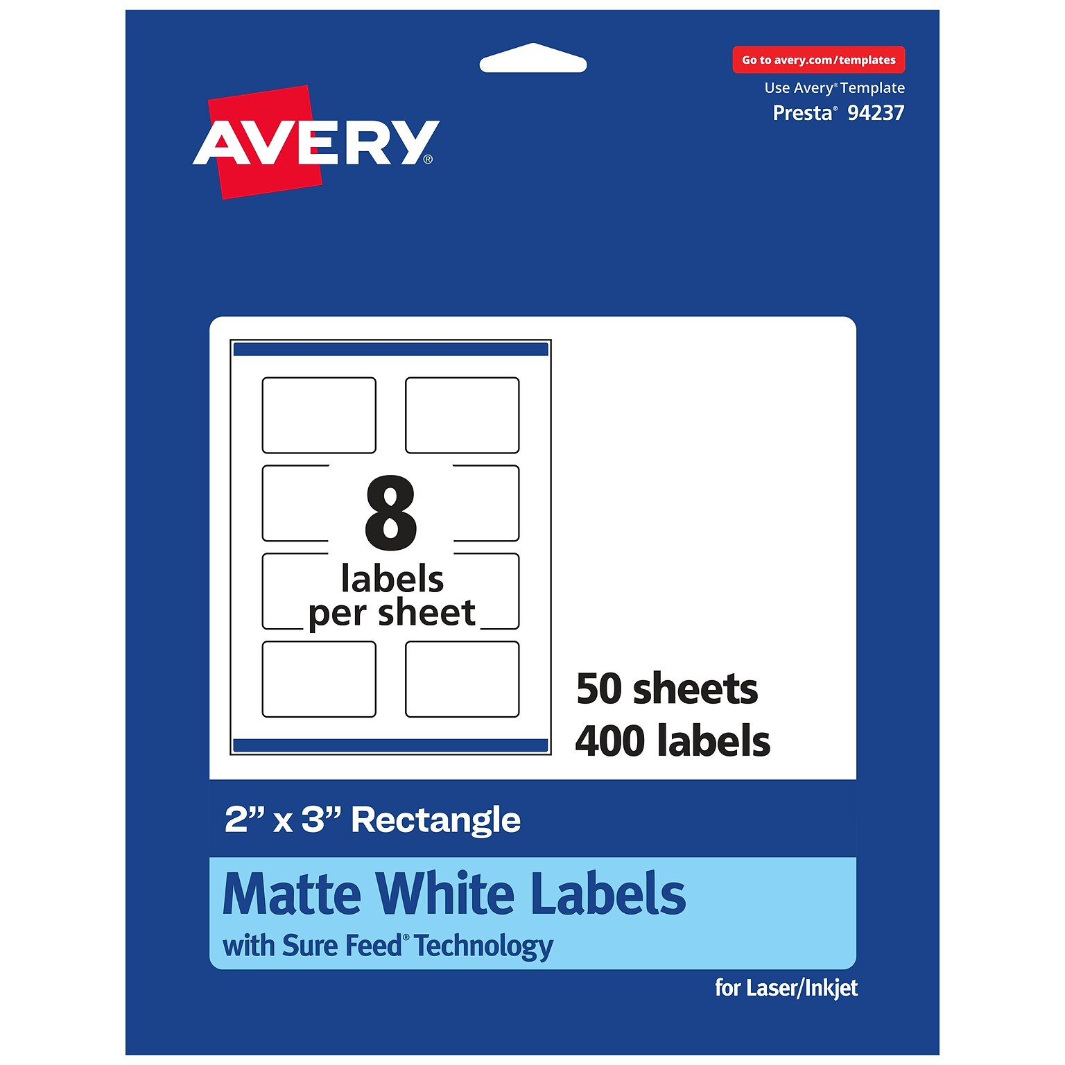 Avery Laser/Inkjet Rectangle Multipurpose Labels, 2 x 3, Matte White, 400 Labels/Box (94237)