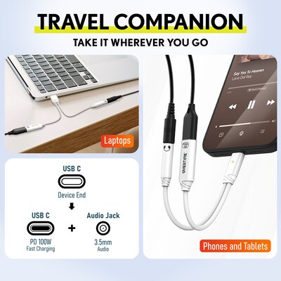 Overtime USB-C to USB-C & 3.5mm Audio and 100W Charging Splitter Adapter, White (OADCTC35WH)