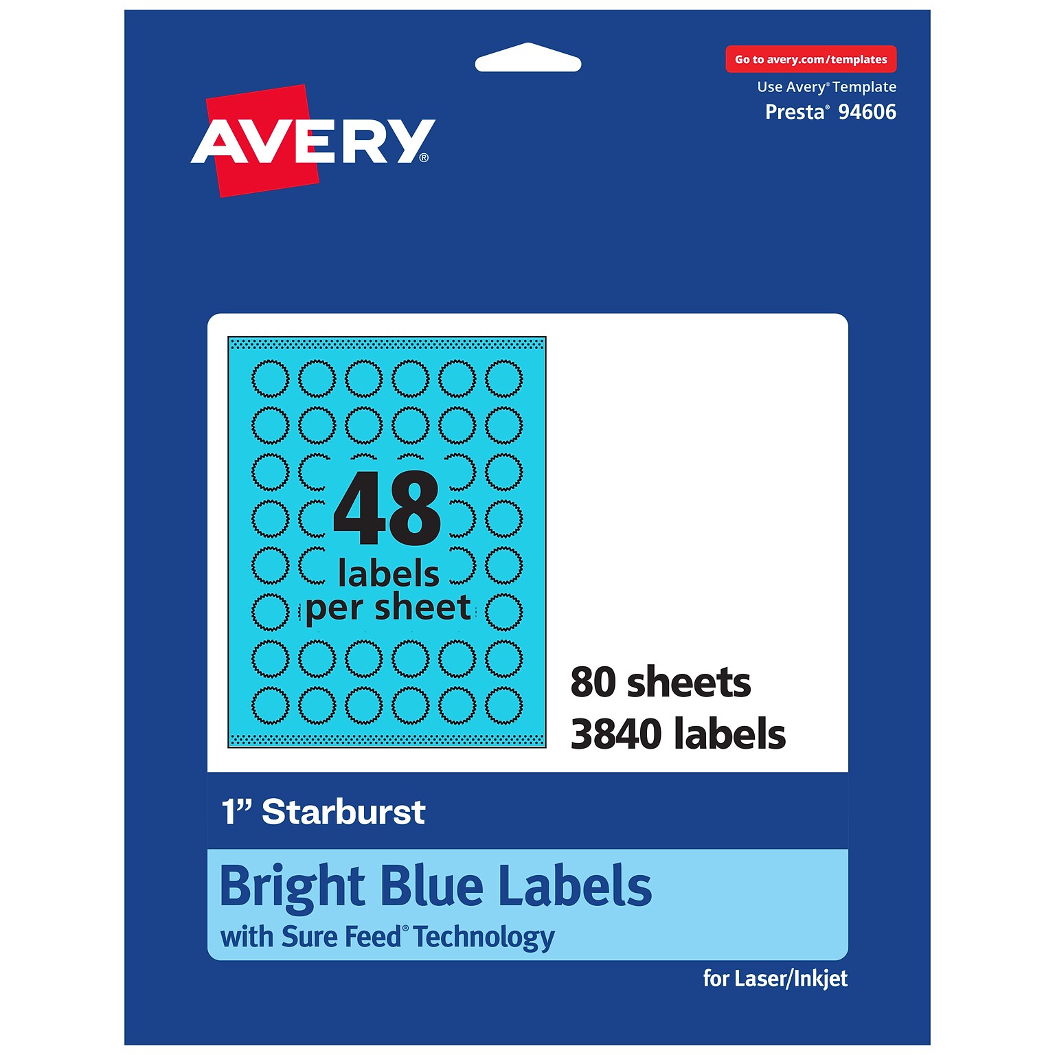 Avery Printable Burst Multipurpose Labels, 1, Bright Blue, 3840/Box (94606)