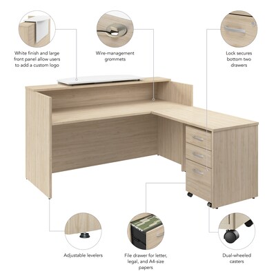 Bush Business Furniture Arrive 72"W L Shaped Reception Desk with Counter and Mobile File Cabinet, Natural Elm (ARV010NE)