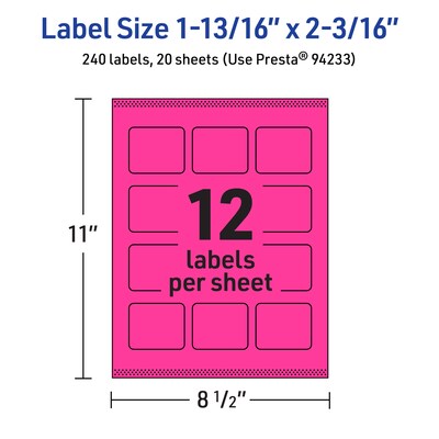 Avery Rectangle Laser/Inkjet Multipurpose Labels, 1-13/16" x 2-3/16", Neon Magenta (240/Pack)
