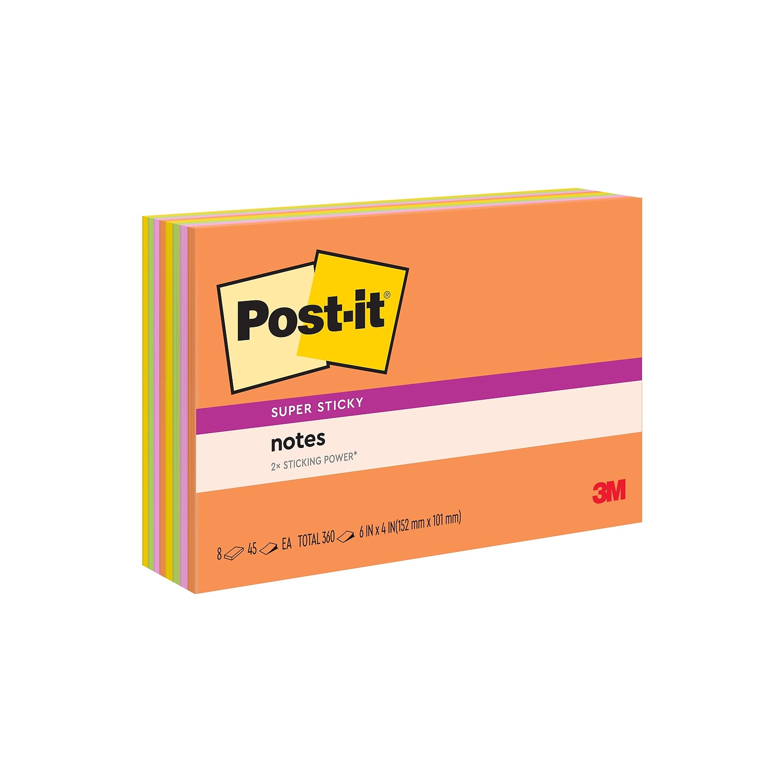 Post-it Super Sticky Notes, 4 x 6, Energy Boost Collection, 45 Sheet/Pad, 8 Pads/Pack (6445SSP)