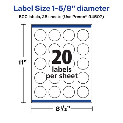 Avery Laser/Inkjet Circle Multipurpose Labels, 1-5/8" Dia., White, 500 Labels/Pack (94507)