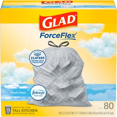 Glad ForceFlex Tall 13 Gallon Drawstring Kitchen Trash Bag, Fresh Clean with Febreze Freshness, White, 80 Total Bags (78534)