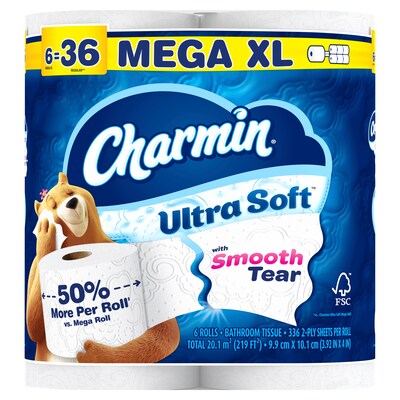 Charmin Ultra Soft Mega XL Toilet Paper, 2-Ply, White, 366 Sheets/Roll, 6 Rolls/Pack, 3 Packs/Carton (01568)