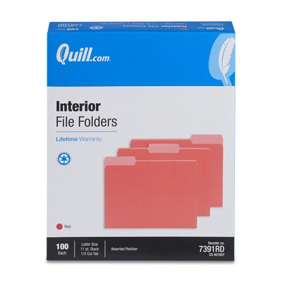 Quill Brand® Interior File Folders, 1/3-Cut, Letter Size, Red, 100/Box (7391RD)