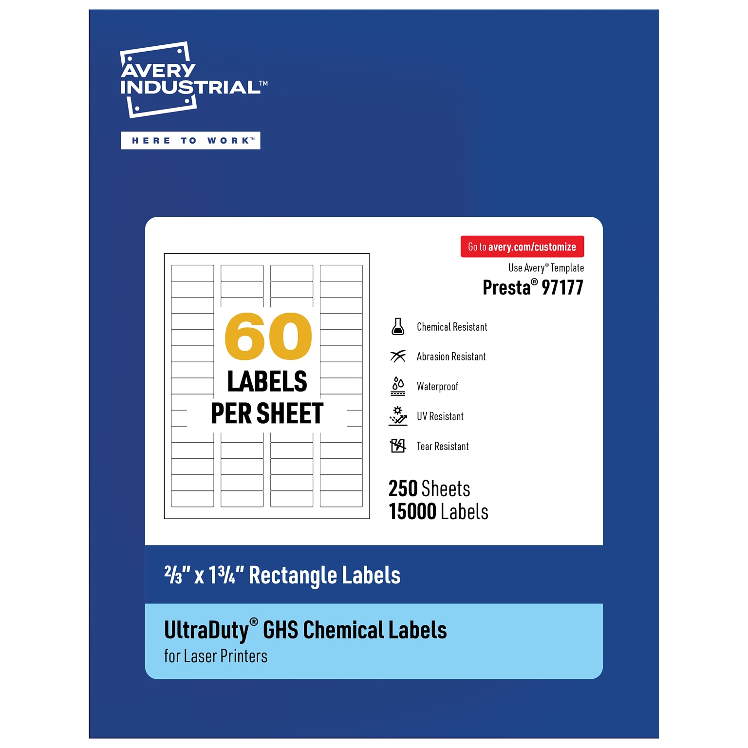 Avery UltraDuty GHS Rectangle Multipurpose Labels, 2/3 x 1-3/4, White, 15000/Box (97177)
