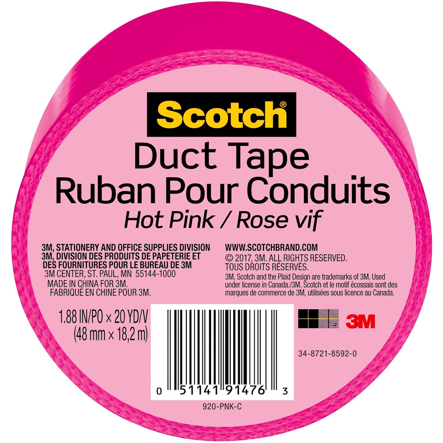 Scotch Duct Tape, 1.88 x 20 yds., Pink (920-PNK-C)