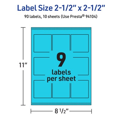 Avery Laser/Inkjet Multipurpose Square Labels, 2.5" x 2.5", Bright Blue, 90/Pack (94104)