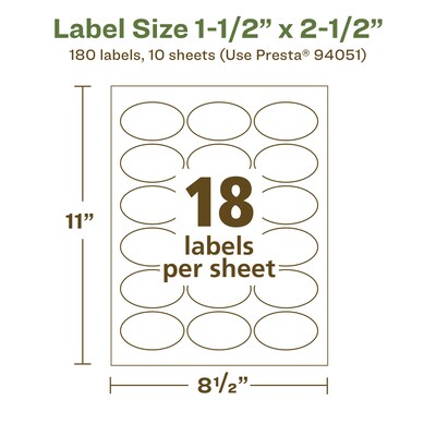 Avery EcoFriendly Laser/Inkjet Oval Multipurpose Labels, 1-1/2" x 2-1/2", White, 180/Pack (94051)