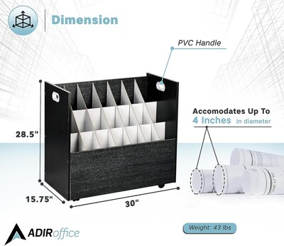AdirOffice 21-Slot Mobile Roll File, 28.5"H x 30"W x 15.75"D, Black, 2/Pack (625-BLK-2PK)