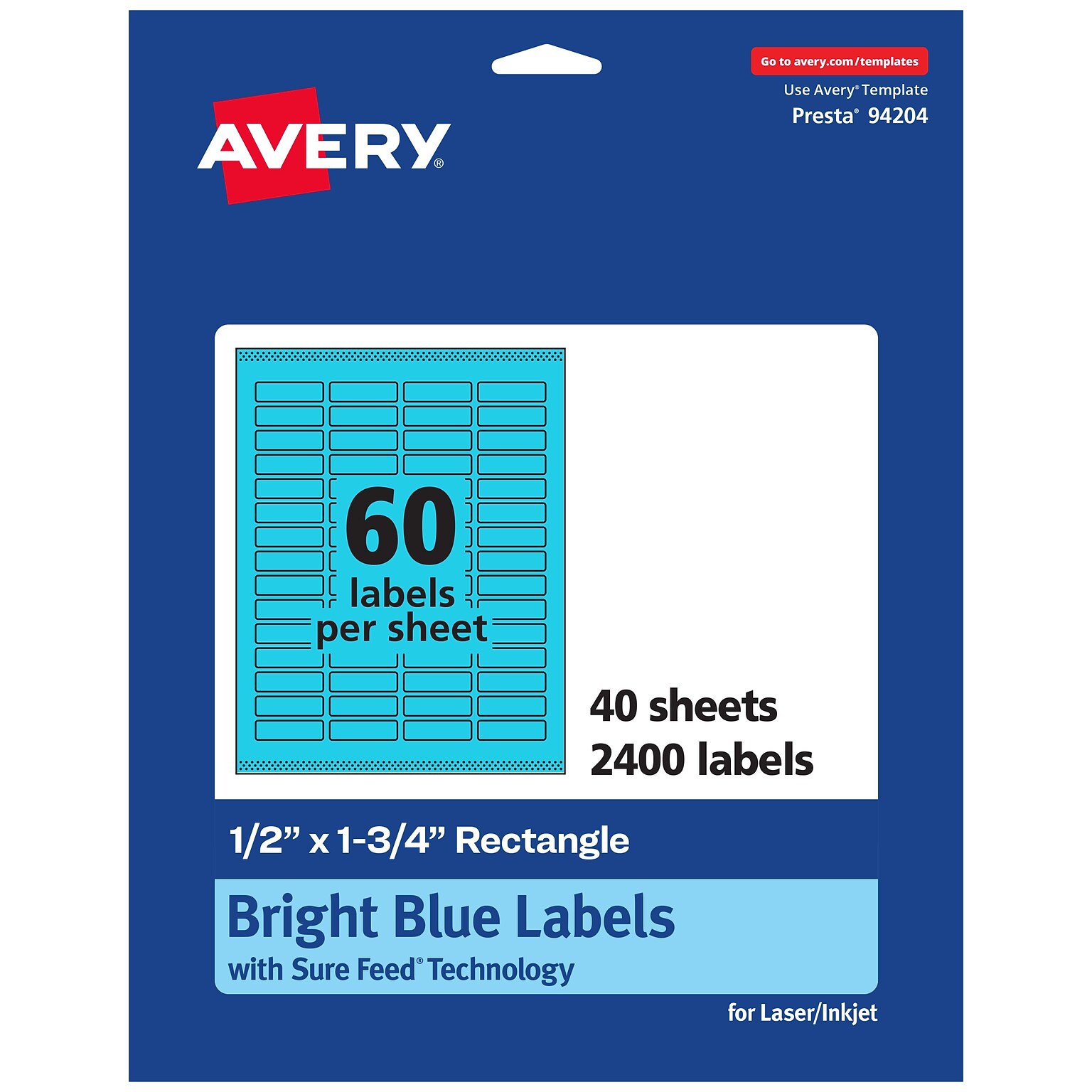 Avery Printable Rectangle Multipurpose Labels, 0.5 x 1.75, Bright Blue, 2400/Pack (94204)