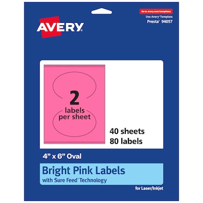 Avery Oval Laser/Inkjet Multipurpose Labels, 4 x 6, Bright Pink (80/Box)