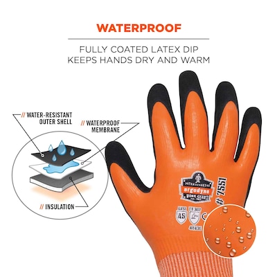 Ergodyne ProFlex 7551 Waterproof Cut-Resistant Winter Work Gloves, ANSI A5, Orange, Large, 1 Pair (17674)