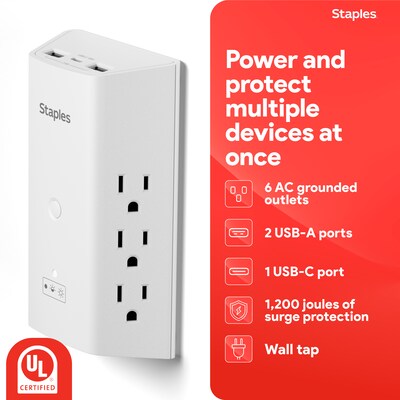 Staples TECH 6-Outlet 3-USB Port Surge Protector, 1200 Joules, White (ST62778)