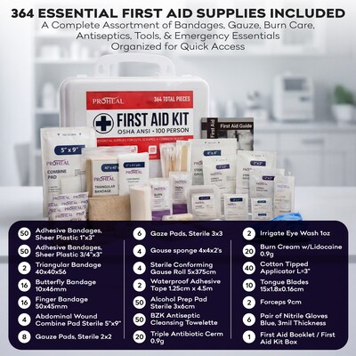 ProHeal OSHA Compliant First Aid Kit, ANSI Class A, Type III, Serves 100 People, 364 Pieces (PH-16624H)