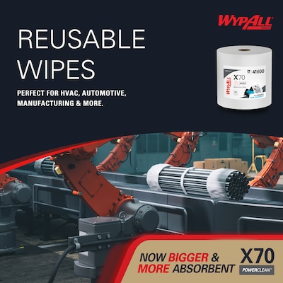 WypAll PowerClean X70 Fabric Cleaning Wipers, 13.3" x 13.4", White, 820 Sheets/Roll (41600)