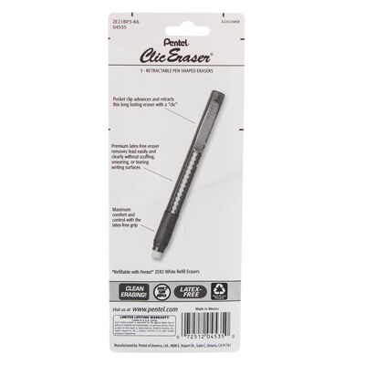 Pentel Clic Eraser Stick Eraser, White, 3/Pack (ZE21BP3-K6)