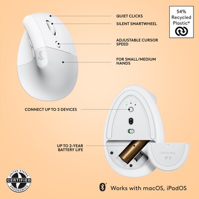 Logitech Lift for Mac Wireless Ergonomic Vertical Optical Bluetooth & USB Mouse, White (910-006471)