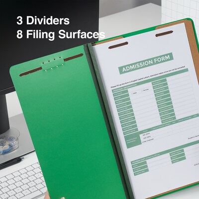 Quill Brand® 2/5-Cut Tab Pressboard Classification File Folders, 3-Partitions, 8-Fasteners, Legal, Green, 15/Box (745034)
