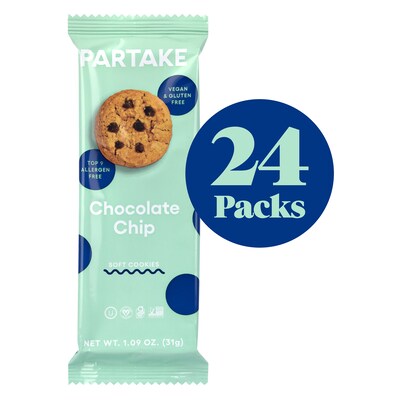 Partake Gluten Free Soft Chocolate Chip Cookie Snack Pack, 1.09 oz., 24/Pack (220-02418)