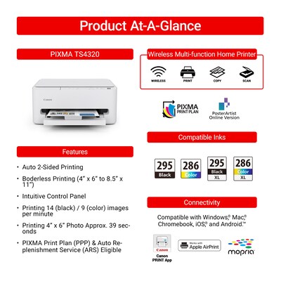 Canon PIXMA TS4320 Wireless Color All-In-One Inkjet Printer, Best for Home (7181C002)