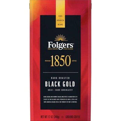 Folgers 1850 Black Gold Caffeinated Ground Coffee, Dark Roast, 12 oz. (SMU60516)