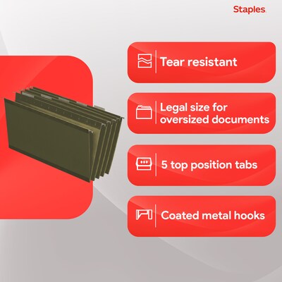 Staples 95% Recycled Hanging File Folder, 1/5-Cut Tab, Legal Size, Standard Green, 50/Box (ST490853/490853)