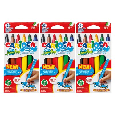 CARIOCA Jumbo Washable Kids Markers, Maxi Tip, Assorted Colors, 6/Pack, 3/Bundle (CRA40568-3)