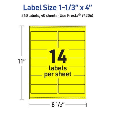 Avery Rectangle Multipurpose Labels, 1-1/3" x 4", Neon Yellow, 560/Pack (94206)